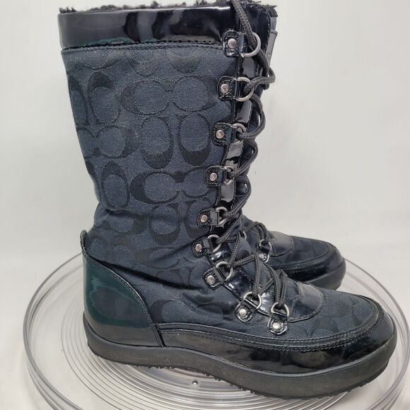 Coach Peggey Boots Womens 7.5 Signature Black Peggy Lace Up Mid-Calf Winter Snow - Picture 7 of 7